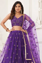Purple Net Lehenga Choli For Indian Festivals & Pakistani Weddings Dress - Embroidery Work - close-up view