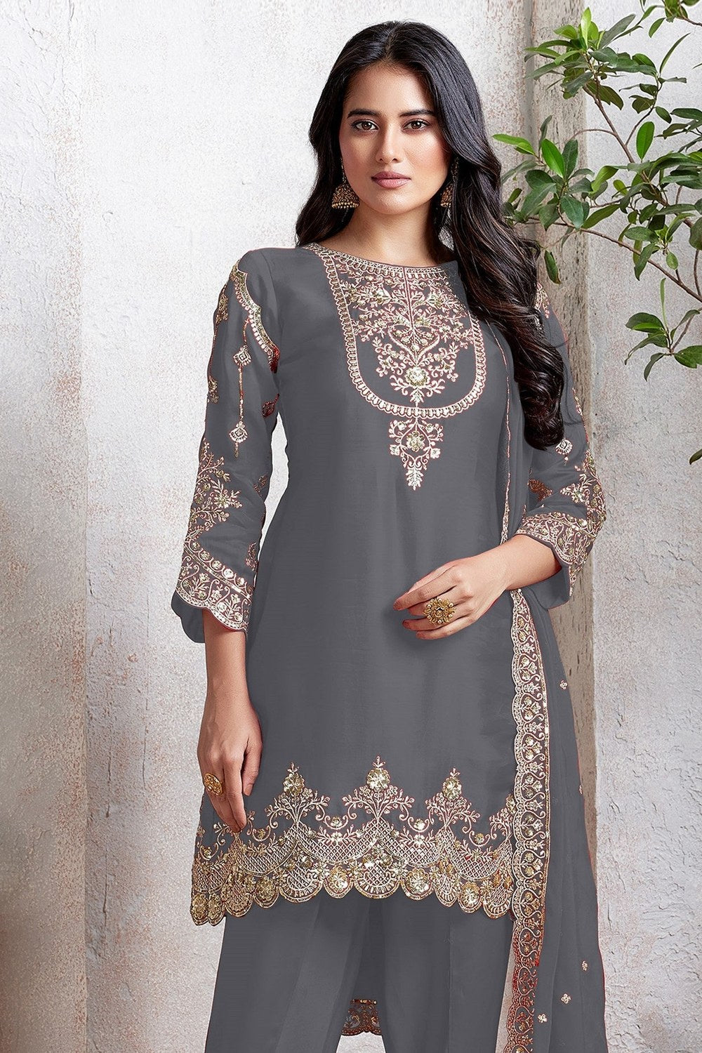 Grey Georgette Kameez With Dhoti Suit For Indian & Pakistani Wedding Festival - Thread & Sequence Embroidery - close-up view