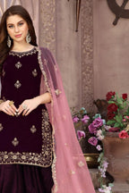Dark Purple Velvet Punjabi Patiyala Suit  For Indian Festivals & Weddings - Embroidery Work - close-up view