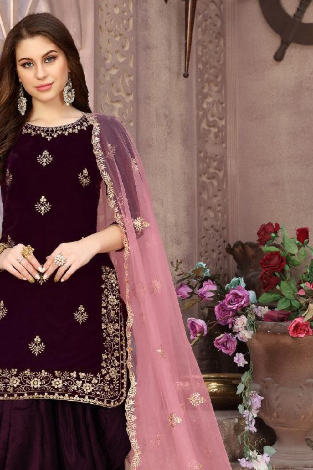 Dark Purple Velvet Punjabi Patiyala Suit  For Indian Festivals & Weddings - Embroidery Work - close-up view