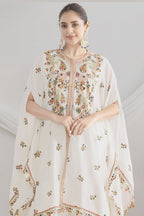 White Chinon Silk Kaftan With Pant For Indian & Pakistani Wedding Festival - Sequins & Thread Embroidery Work - close-up view