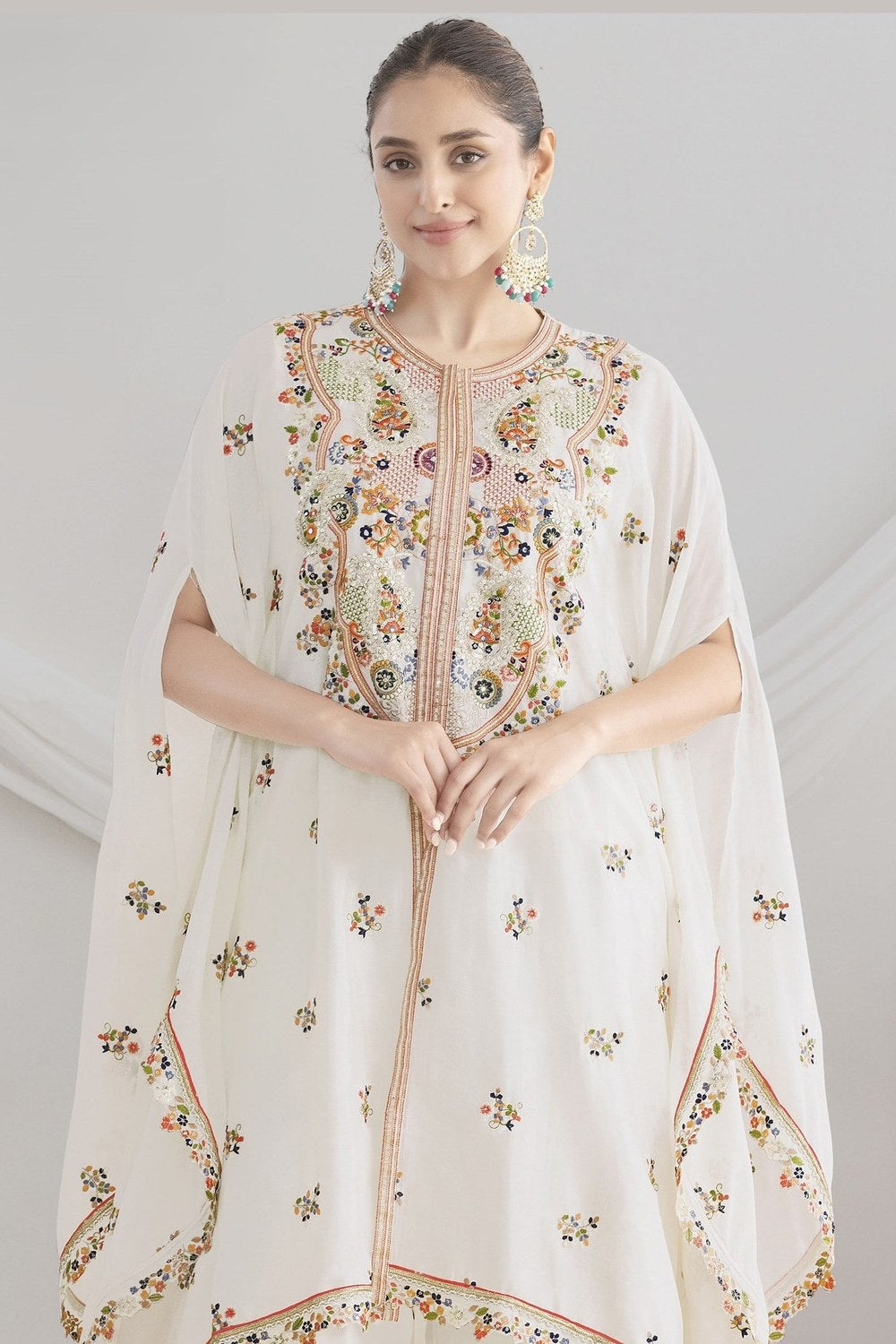 White Chinon Silk Kaftan With Pant For Indian & Pakistani Wedding Festival - Sequins & Thread Embroidery Work - close-up view