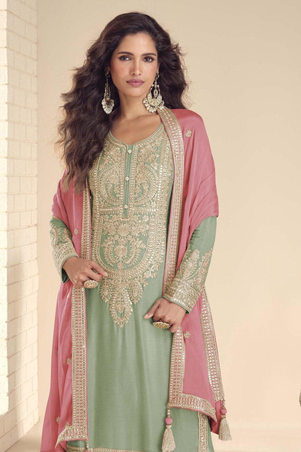 Pista Green Wedding Palazzo Suits for Women in Chinon Silk with Dori Work - close-up view