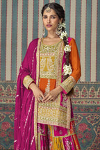 Orange Chinon Silk Plazo Suit Kameez Suit for Pakistani & Indian Festival  - Embroidery Work, Mirror Work - close-up view
