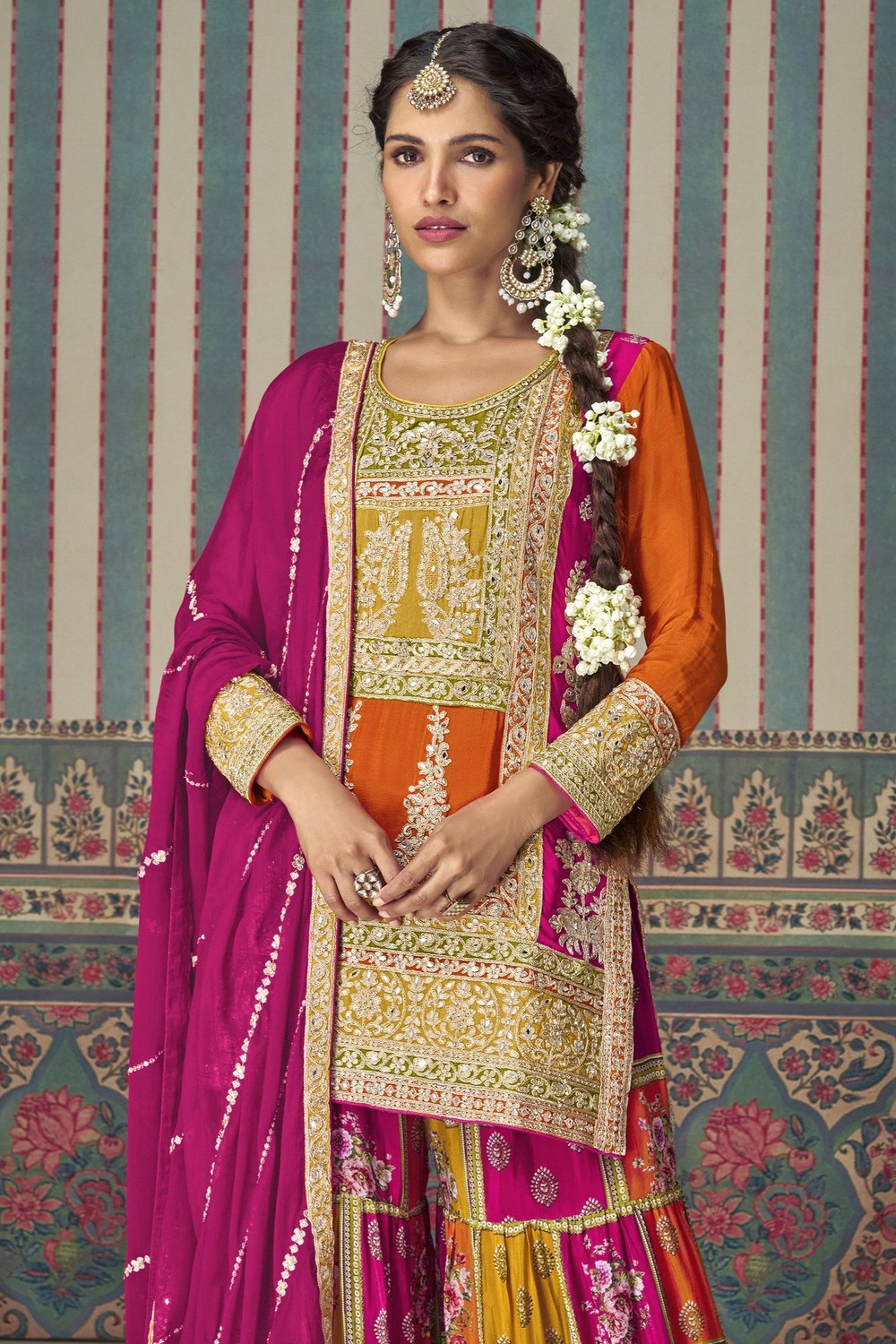 Orange Chinon Silk Plazo Suit Kameez Suit for Pakistani & Indian Festival  - Embroidery Work, Mirror Work - close-up view