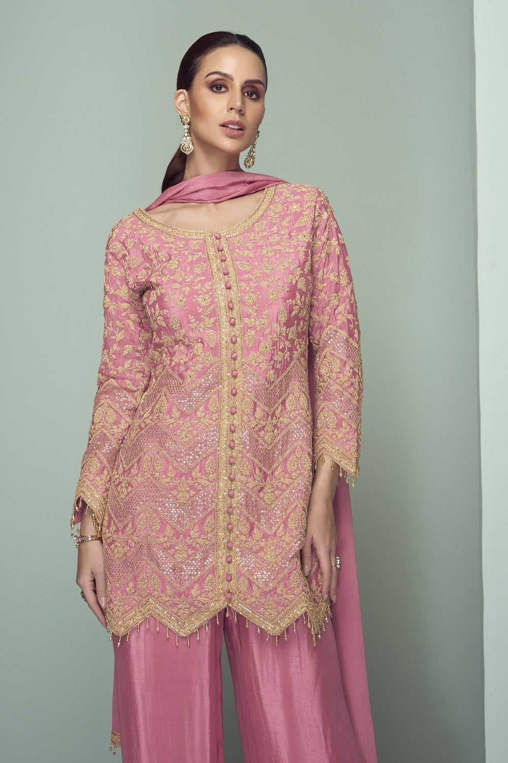 Pink Chinon Silk Kameez With Pant For Indian & Pakistani Wedding Festival - Thread Embroidery Work, Sequence Embroidery Work - close-up view