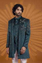 Teal 3 Piece Indian Wedding Outfit for Mens - Velvet Kurta, Pajama, Jacket - close-up view