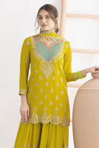 Yellow Chinon Silk Plazo Suit For Indian & Pakistani Wedding Festival - Real Mirror Work, Dori Work, Sequins Embroidery Work - close-up view