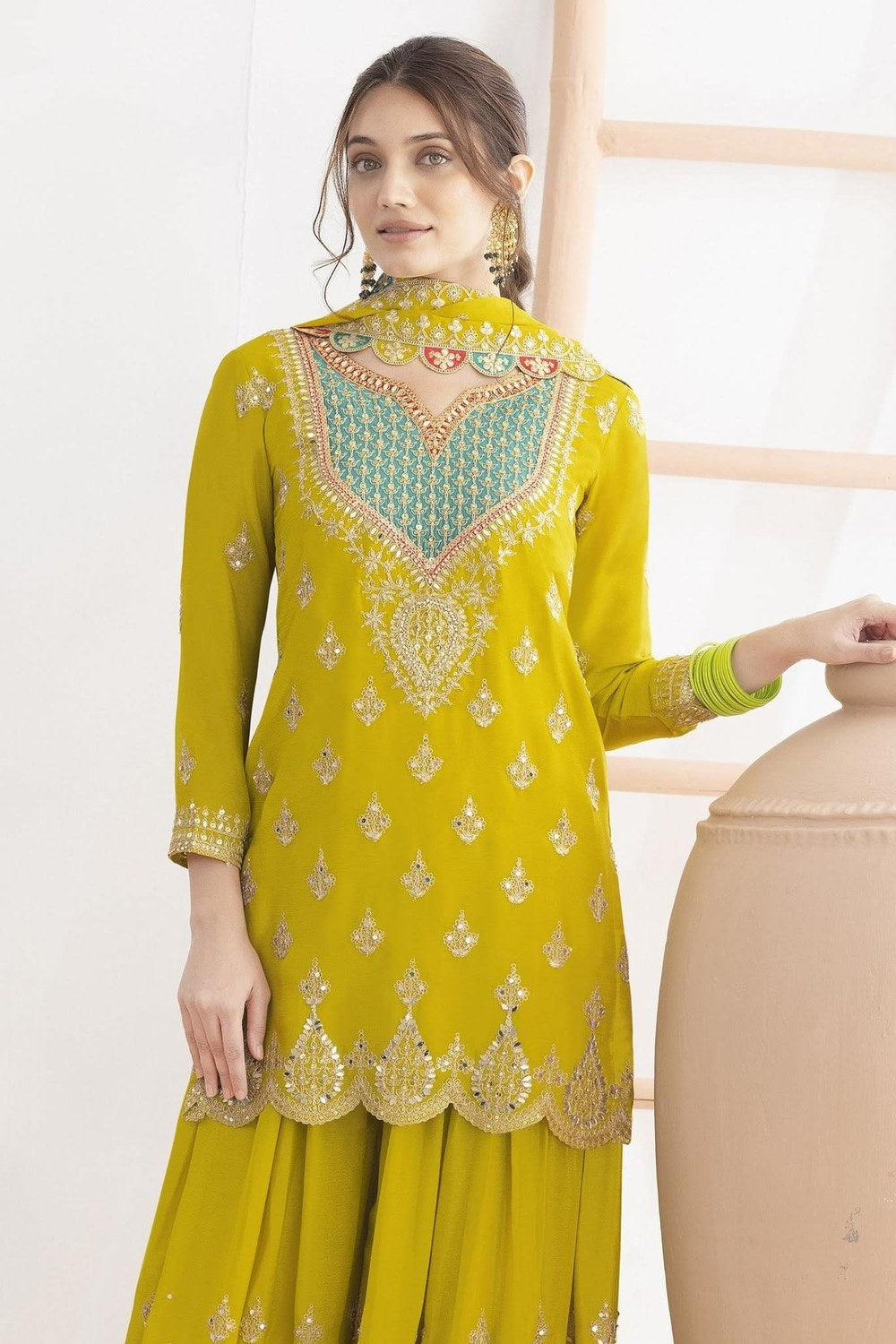 Yellow Chinon Silk Plazo Suit For Indian & Pakistani Wedding Festival - Real Mirror Work, Dori Work, Sequins Embroidery Work - close-up view