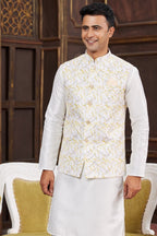 Off White Art Silk Kurta Pajama with Waistcoat Jacket for Men with Print Work - close-up view