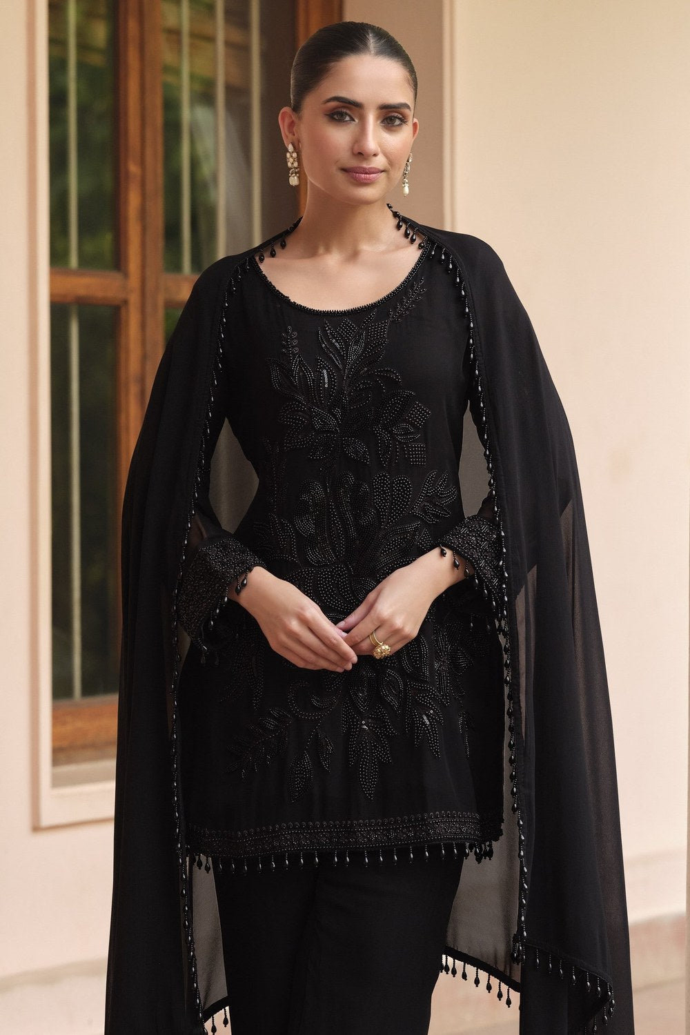 Black Georgette Short Kurta Set with Dupatta in Sequin & Moti Work - close-up view