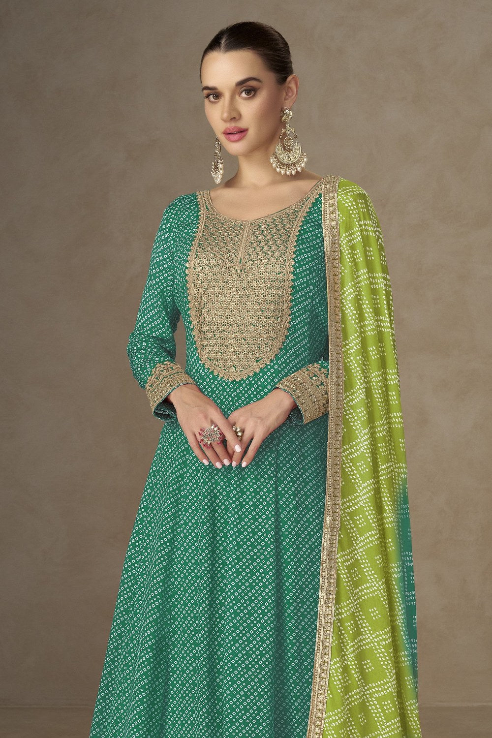 Green Chinon Silk Sequins Embroidered Anarkali with Bandhani Dupatta - close-up view
