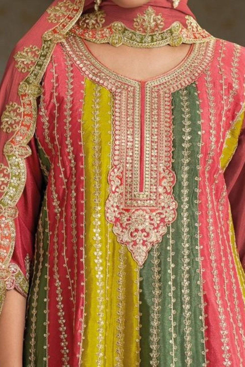 Multicolor Chinon Silk Plazo For Indian Festivals & Weddings - Embroidery Work - hem and footwear detail