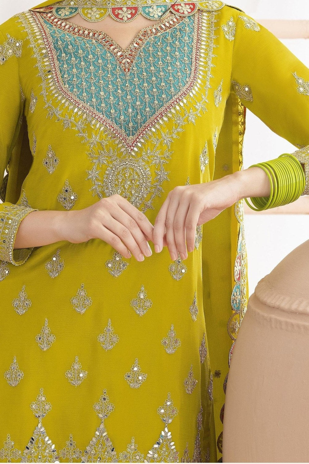 Yellow Chinon Silk Plazo Suit For Indian & Pakistani Wedding Festival - Real Mirror Work, Dori Work, Sequins Embroidery Work - hem and footwear detail