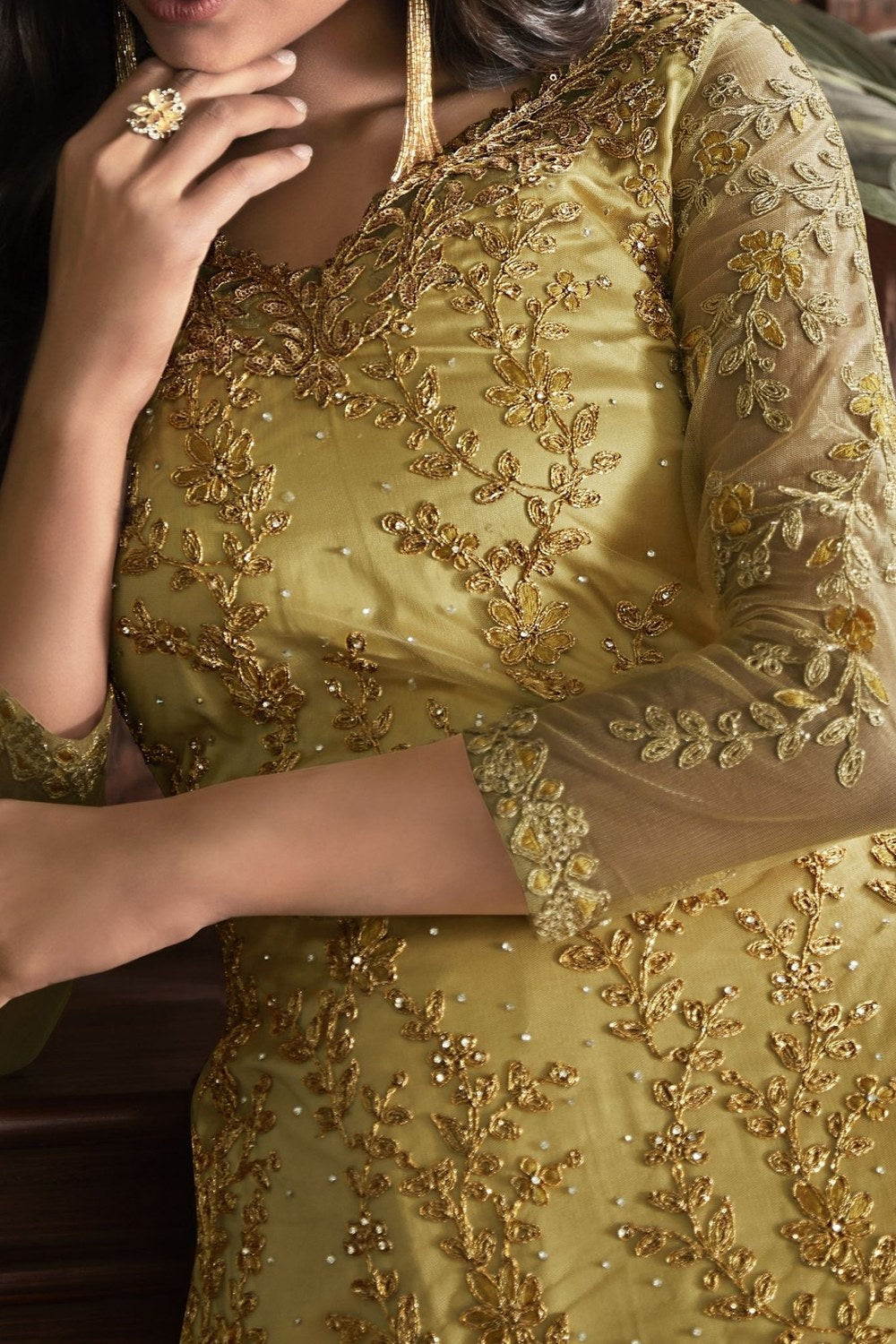 Yellow Net Kameez With Pant For Ladies Wedding & Festival - Embroidery Work 1400 - hem and footwear detail
