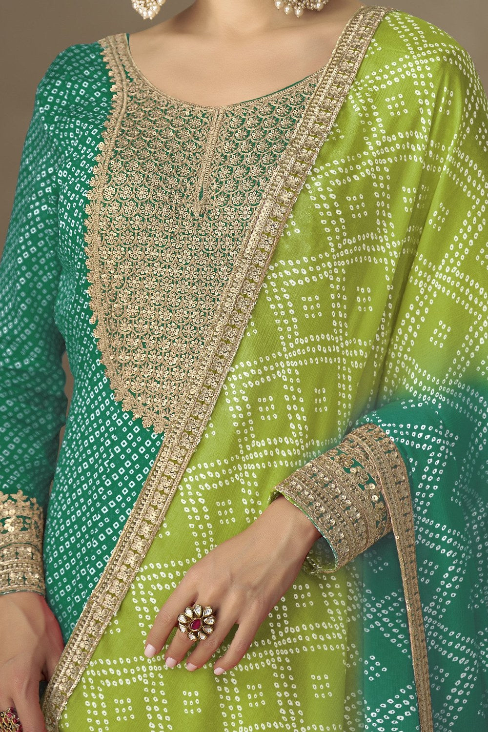 Green Chinon Silk Sequins Embroidered Anarkali with Bandhani Dupatta - hem and footwear detail