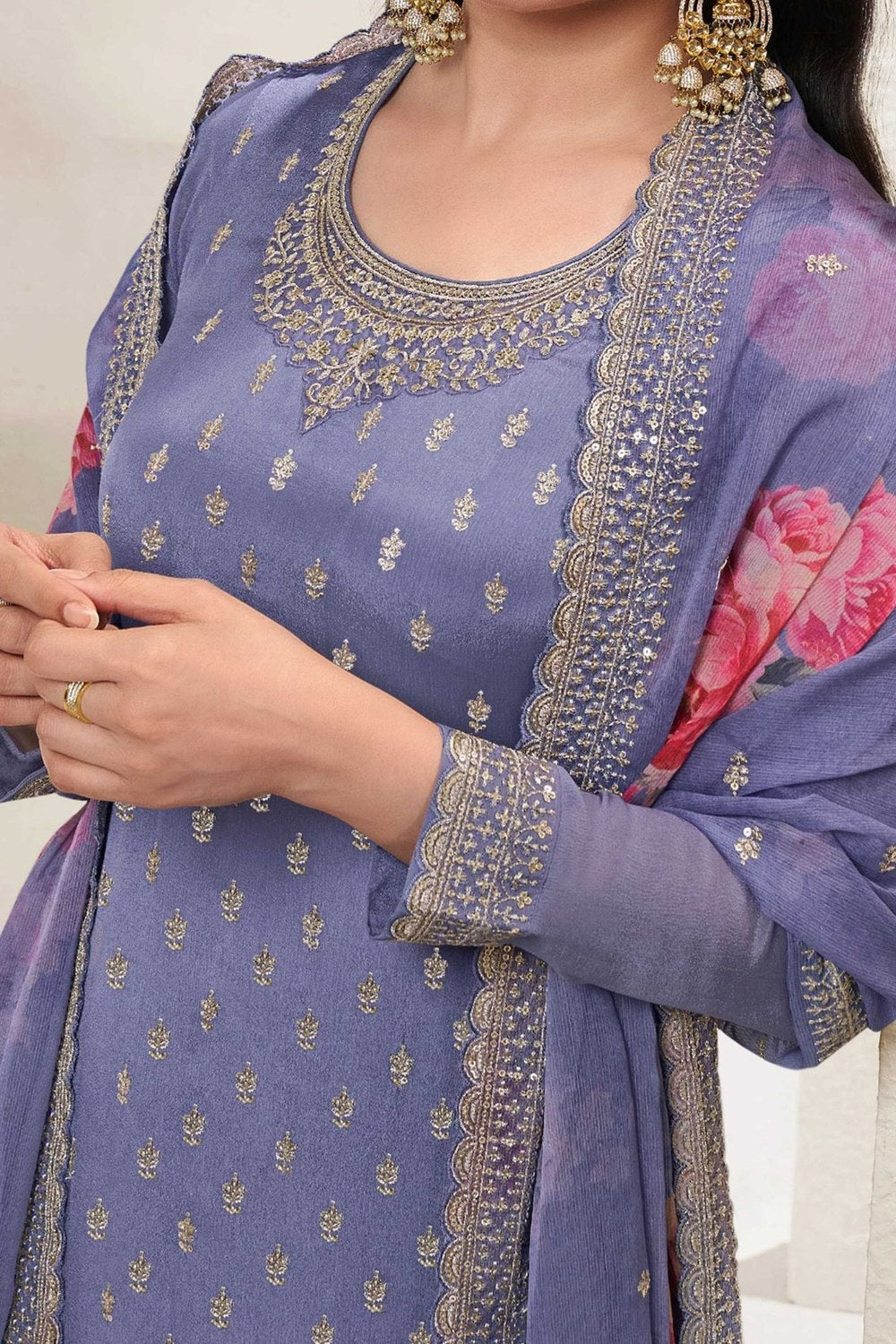 Purple Chinon Silk Palazzo Suit For Indian Festivals & Pakistani Plazo Weddings Dress - Embroidery Work, Print Work - hem and footwear detail