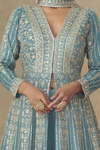 Ocean Blue Chinon Silk Anarkali Suit With Palazzo For Indian & Pakistani Wedding Festival - Sequins & Thread Embroidery Work - hem and footwear detail