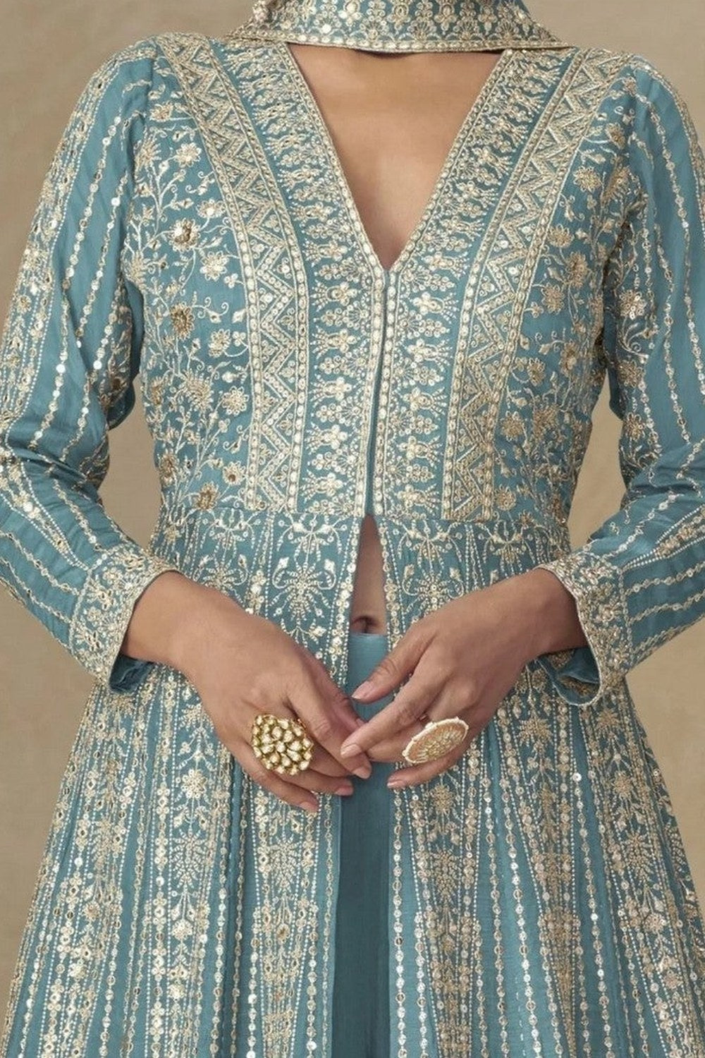 Ocean Blue Chinon Silk Anarkali Suit With Palazzo For Indian & Pakistani Wedding Festival - Sequins & Thread Embroidery Work - hem and footwear detail