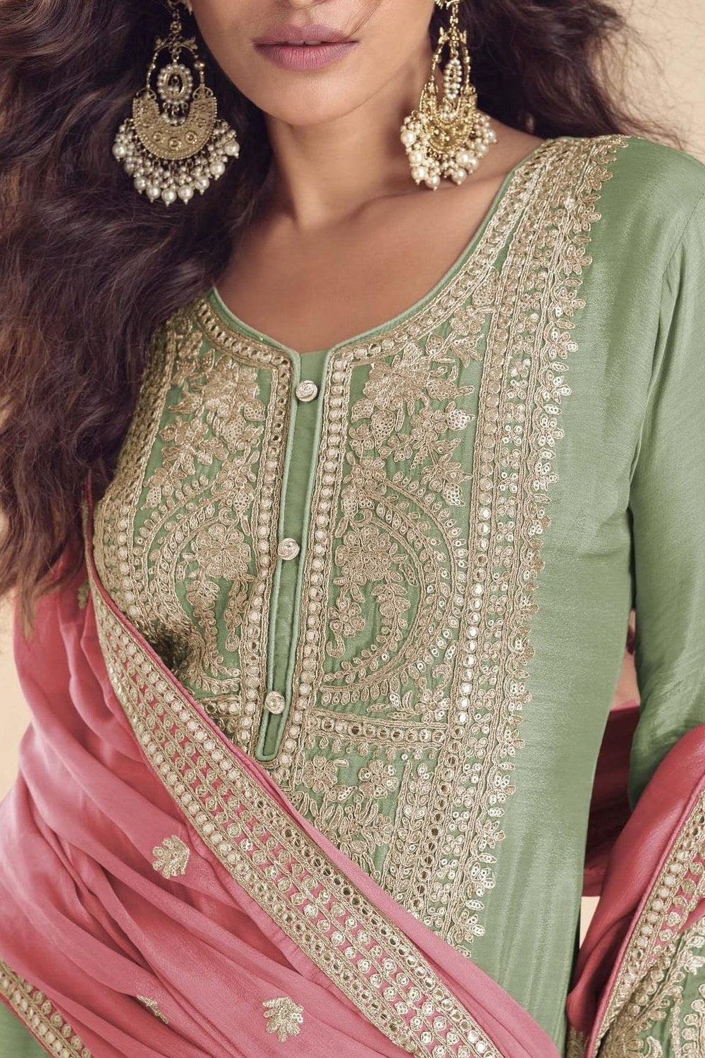 Pista Green Wedding Palazzo Suits for Women in Chinon Silk with Dori Work - hem and footwear detail