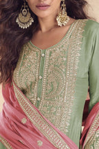 Pista Green Wedding Palazzo Suits for Women in Chinon Silk with Dori Work - hem and footwear detail
