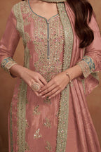 Peach Simar Silk Plazo Suit For Indian Festivals & Weddings - Embroidery Work - hem and footwear detail
