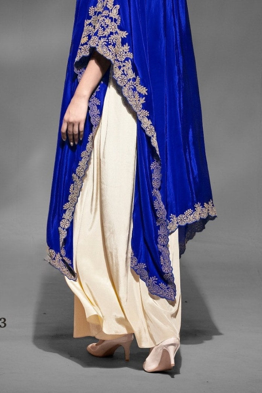 Blue Crepe Blouse With Skirt & Shrug For Indian & Pakistani Wedding Festival - Dori Work, Embroidery Work - hem and footwear detail
