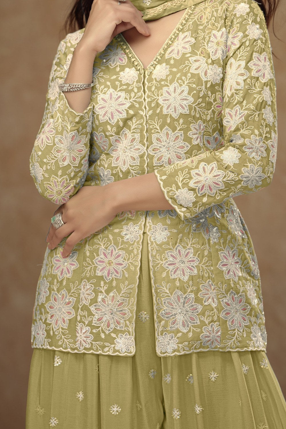 Olive Green Chinon Silk Pastel Indian Plazo Suit with Thread Embroidery - hem and footwear detail