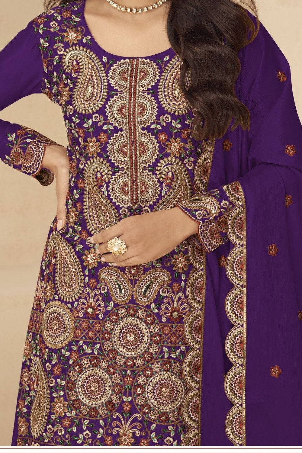 Purple Chinon Silk Plazo Suit for Women with Embroidery - hem and footwear detail