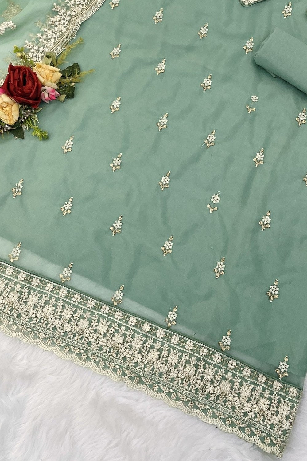 Green Organza Silk Kameez With Pant For Indian & Pakistani Wedding Festival - Embroidery Work - hem and footwear detail