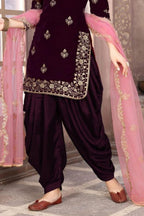 Dark Purple Velvet Punjabi Patiyala Suit  For Indian Festivals & Weddings - Embroidery Work - hem and footwear detail