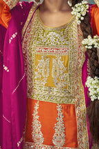 Orange Chinon Silk Plazo Suit Kameez Suit for Pakistani & Indian Festival  - Embroidery Work, Mirror Work - hem and footwear detail