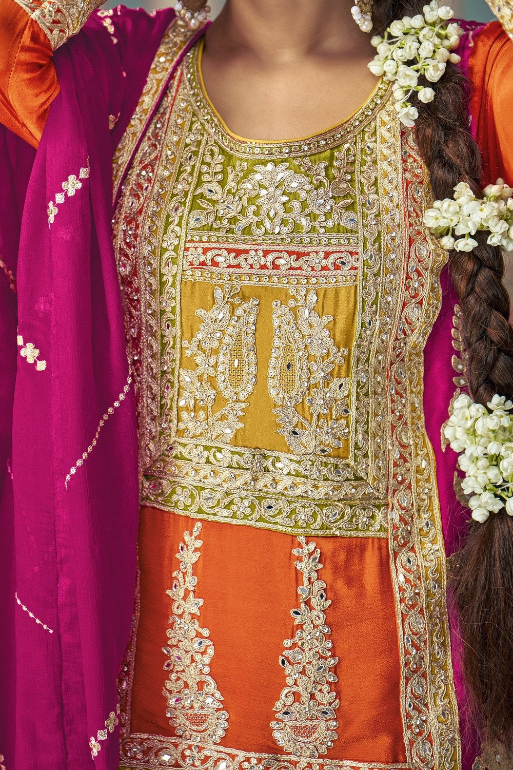 Orange Chinon Silk Plazo Suit Kameez Suit for Pakistani & Indian Festival  - Embroidery Work, Mirror Work - hem and footwear detail