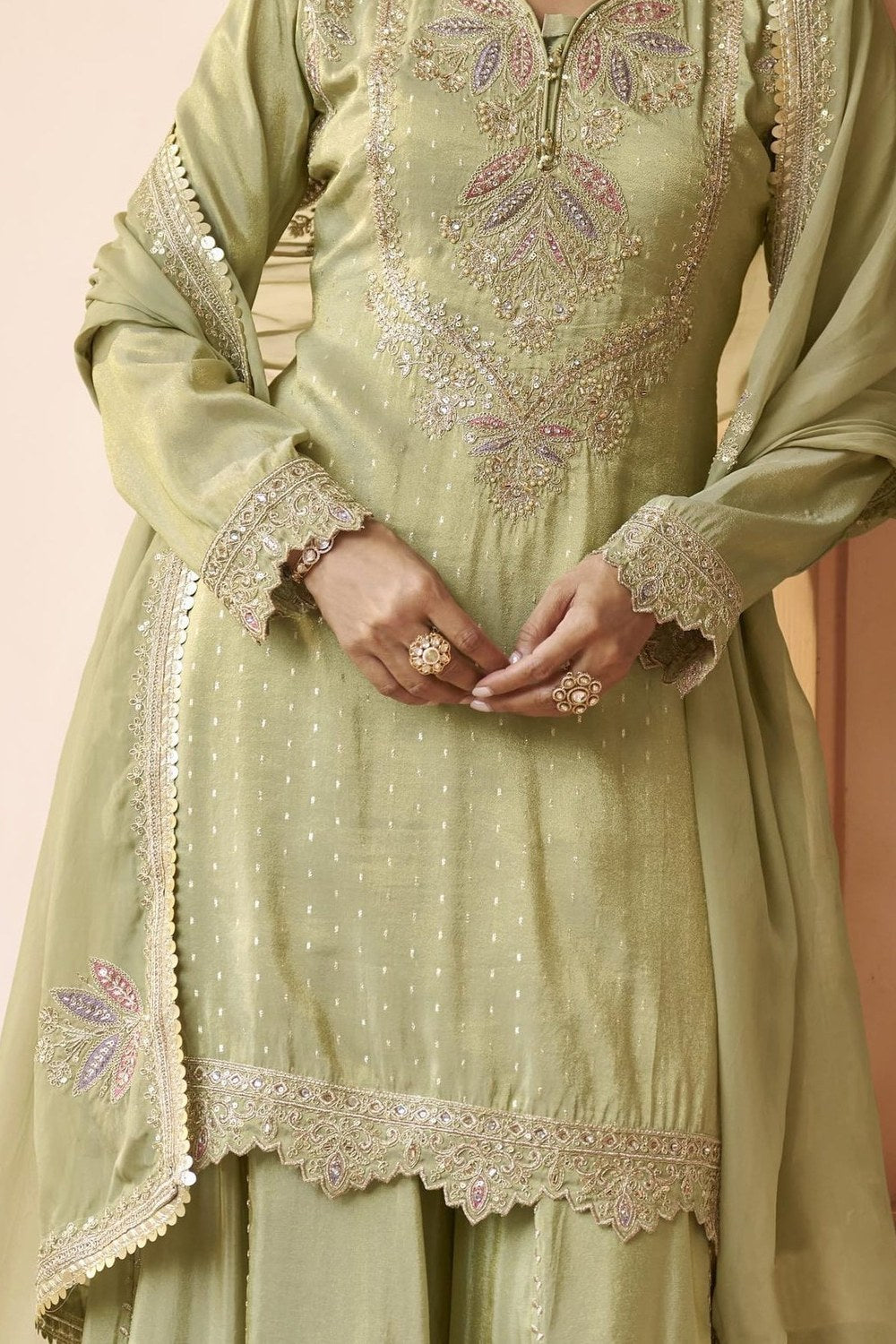Light Green Chinon Silk Plazo Suit For Indian & Pakistani Wedding Festival - Dori Work, Sequence Embroidery Work - hem and footwear detail
