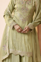 Light Green Chinon Silk Plazo Suit For Indian & Pakistani Wedding Festival - Dori Work, Sequence Embroidery Work - hem and footwear detail