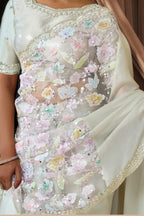 Off White Satin Silk Saree for Wedding Guest - Sequin, Applique, Bead Work - hem and footwear detail