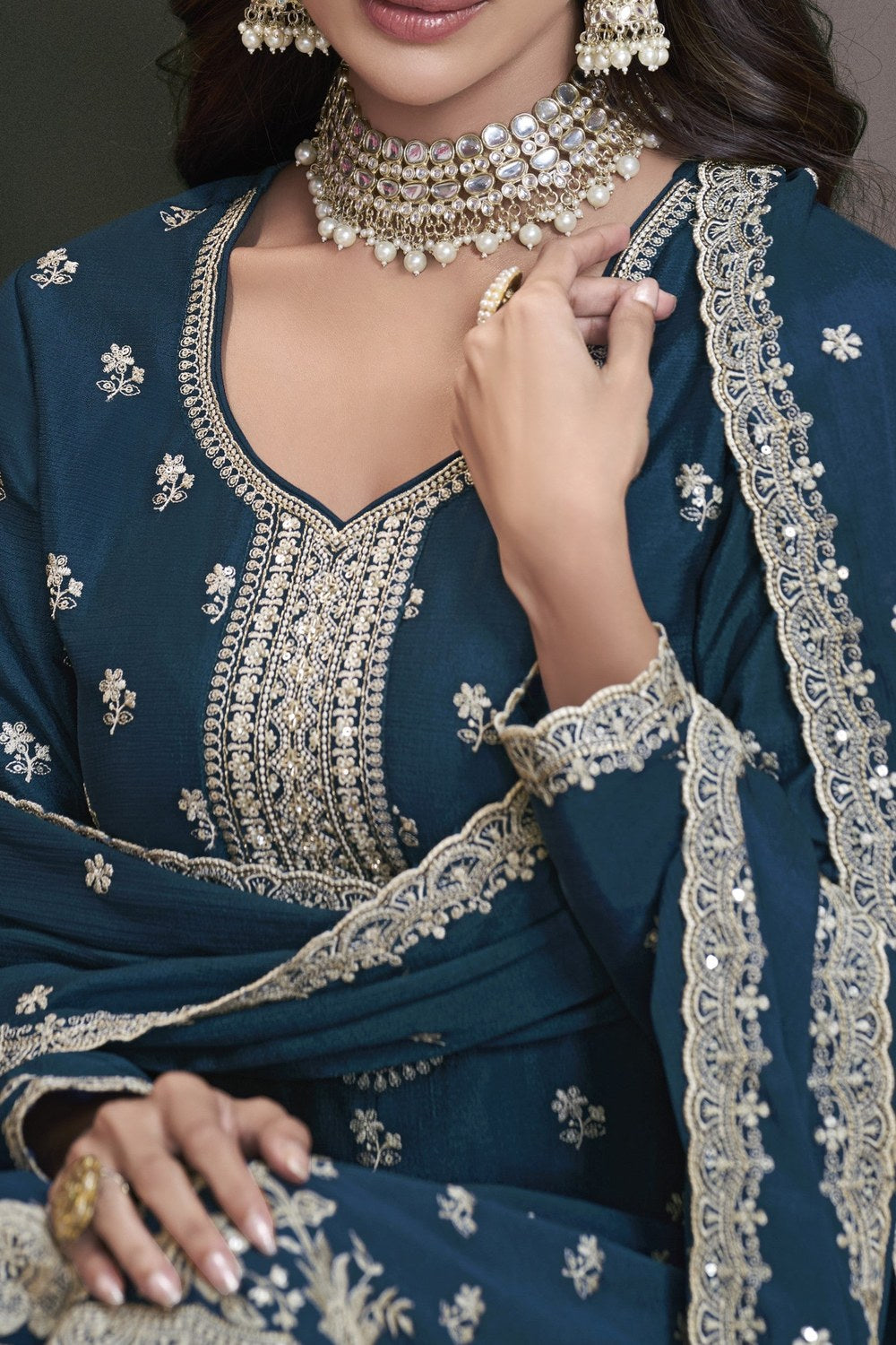 Teal Chinon Silk Gharara Dress for Reception Function - Embroidery Work - hem and footwear detail