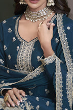 Teal Chinon Silk Gharara Dress for Reception Function - Embroidery Work - hem and footwear detail