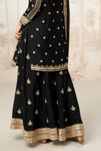 Black Chinon Silk Palazzo Suit for Muslim Wedding Dresses For Guests - Sequence Embroidery Work, Embroidery Work - hem and footwear detail