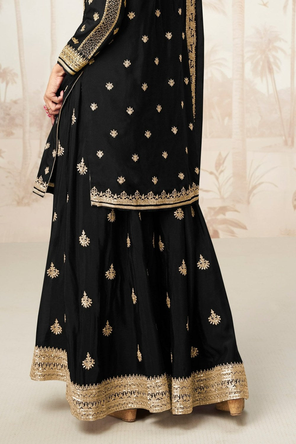 Black Chinon Silk Palazzo Suit for Muslim Wedding Dresses For Guests - Sequence Embroidery Work, Embroidery Work - hem and footwear detail