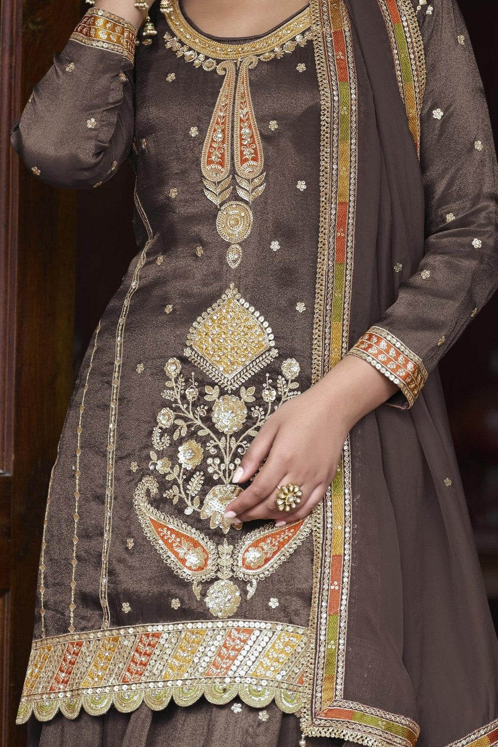 Brown Simmer Silk Kameez with Skirt Suit For Indian & Pakistani Wedding Festival - Thread & Sequins Embroidery Work - hem and footwear detail