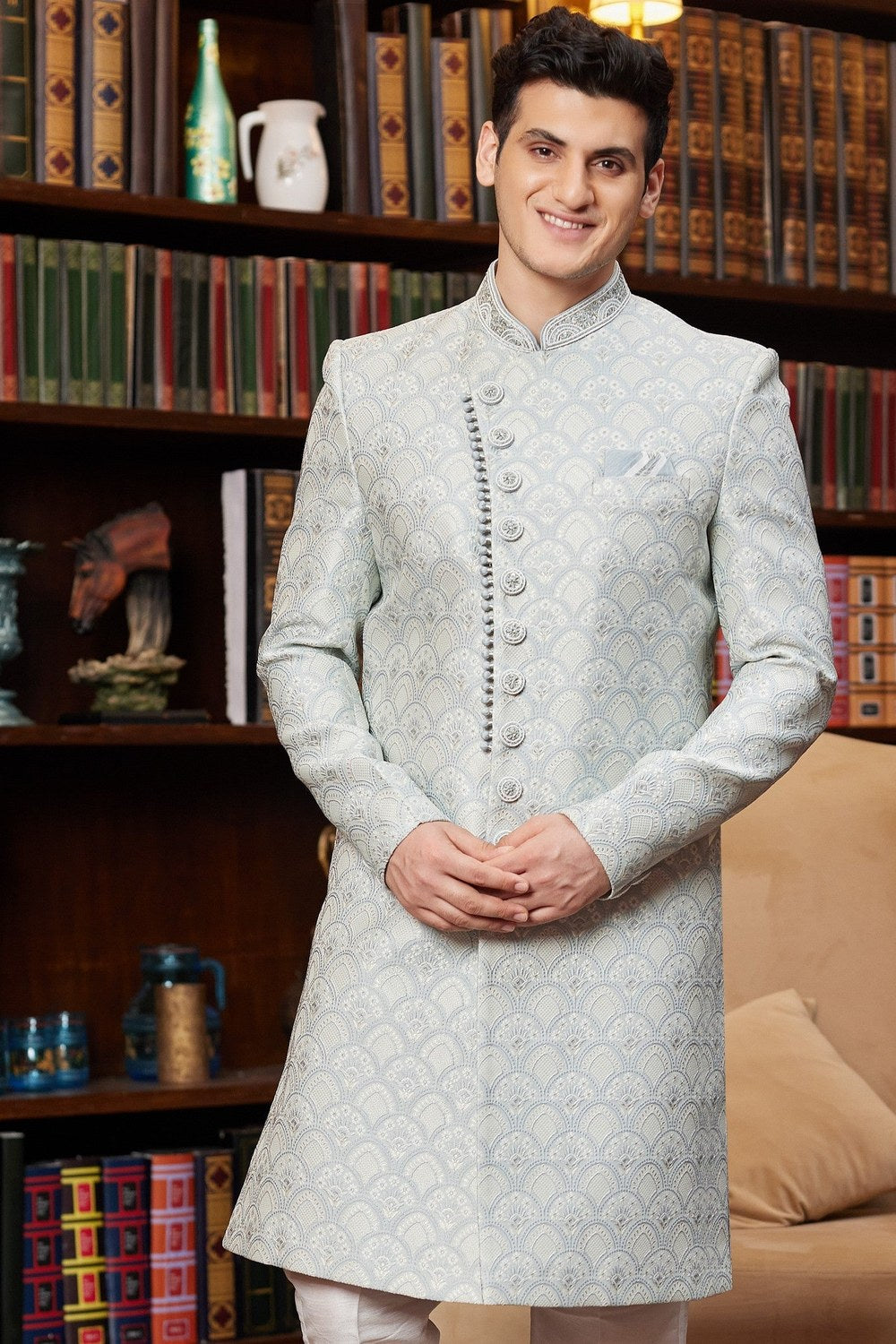 Light Grey Jacquard Silk Indo Western Traditional Sherwani Long Kurta & Pant for Men for Wedding - Embroidery Work - close-up view