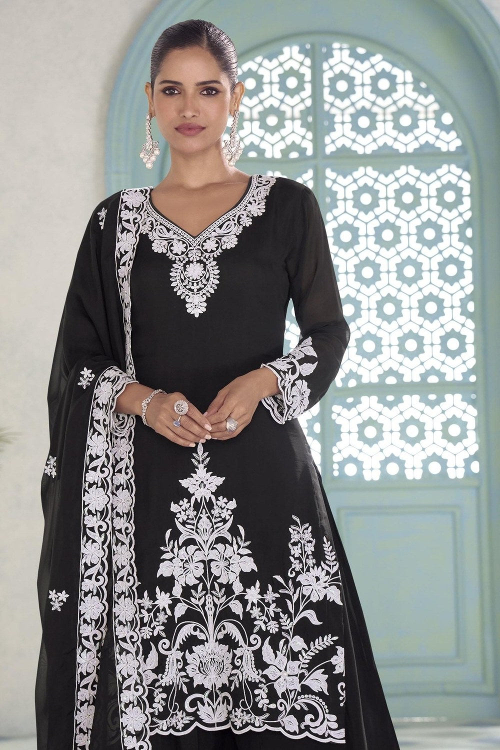 Black Chinon Silk Palazzo Suit For Indian & Pakistani Wedding Festival - Thread & Sequins Embroidery Work - close-up view