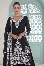 Black Chinon Silk Palazzo Suit For Indian & Pakistani Wedding Festival - Thread & Sequins Embroidery Work - close-up view