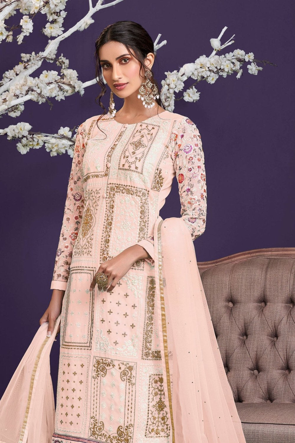 Peach Georgette Kameez With Pant For Ladies Indian Festivals & Weddings - Thread Embroidery Work, Zari Work - close-up view