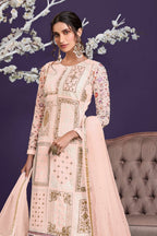 Peach Georgette Kameez With Pant For Ladies Indian Festivals & Weddings - Thread Embroidery Work, Zari Work - close-up view
