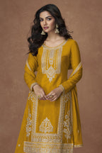 Yellow Chinon Silk Plazo Suit For Indian & Pakistani Wedding Festival - Embroidery Work - close-up view