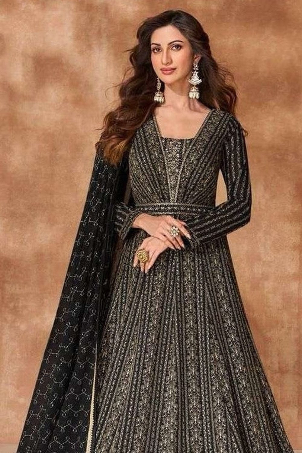 Black Georgette Anarkali Suit For Indian & Pakistani Wedding Festival - Embroidery Work - close-up view