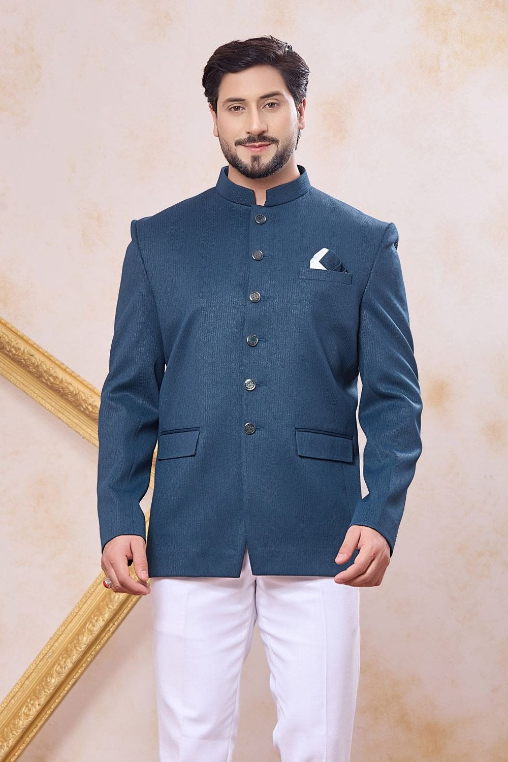 Plain Teal Blue Art Silk Jodhguri Bandhgala Suit & Pant - close-up view