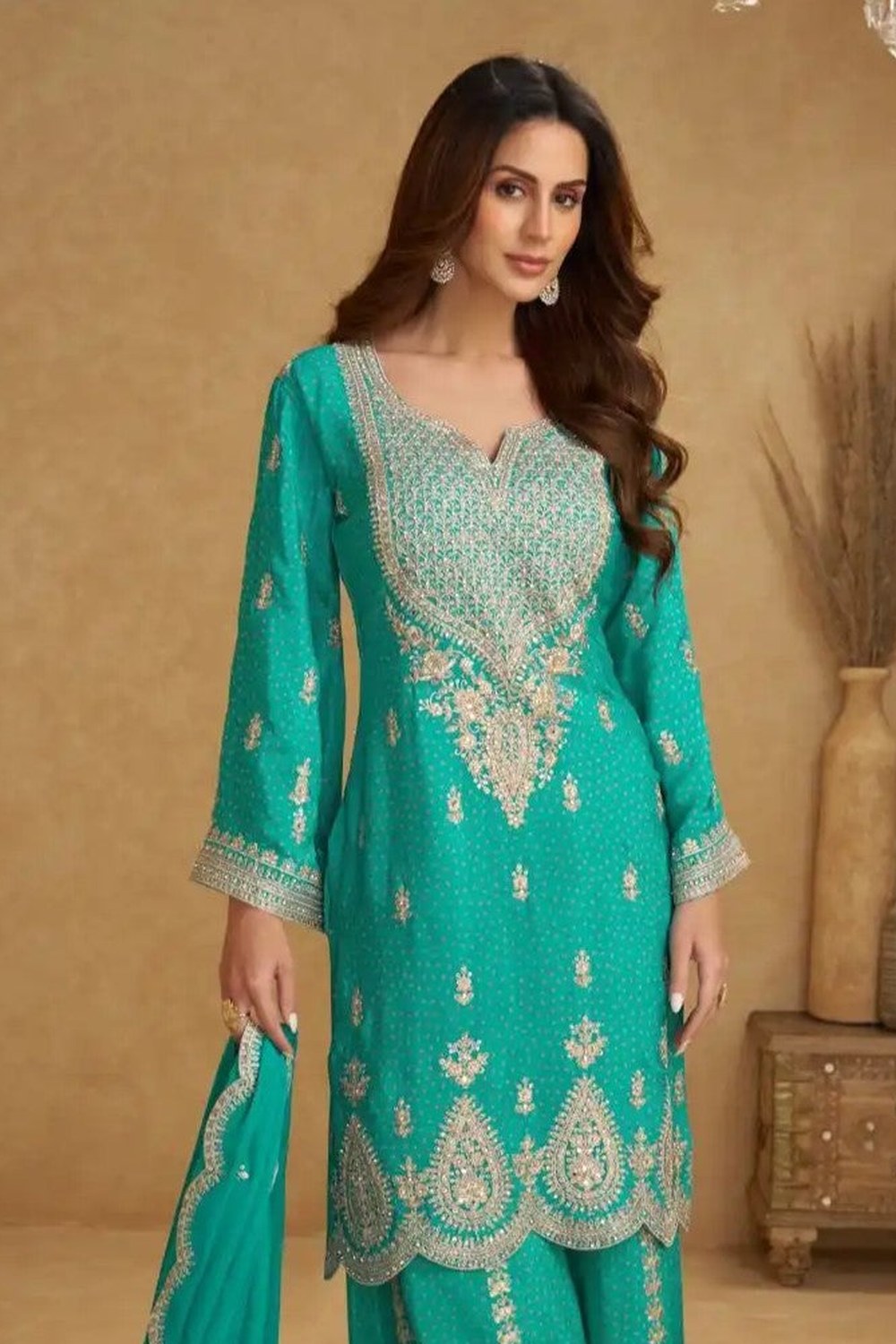 Turquoise Palazo Suit Design for Wedding in Chinon Silk with Thread & Sequins Embroidery - close-up view